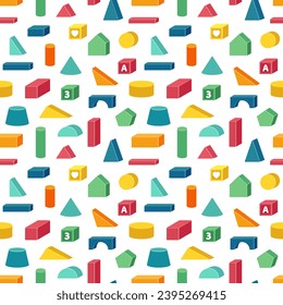 geometry bricks pattern. recreation activity 3d cartoon childish constructor toys, blocks shapes, simple geometrics forms baby development activity concept. vector cartoon seamless pattern.