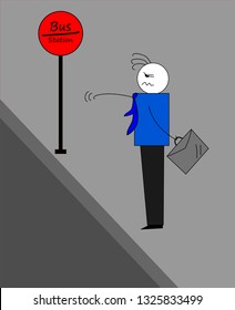 Geometry cartoon. Businessman wait for the bus to work in the morning, with drowsiness. Illustration, vector.
