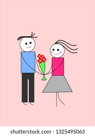 Geometry Cartoon, The young boy gave a bouquet to the young girl.  Indicate his feelings. Illustration, vector.