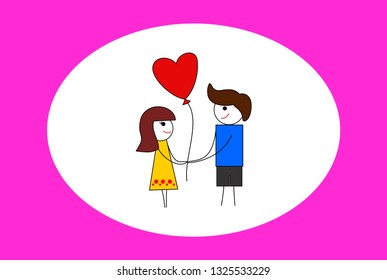 Geometry Cartoon, The young boy gave a Heart balloon to the young girl.  Indicate his feelings. Illustration, vector.