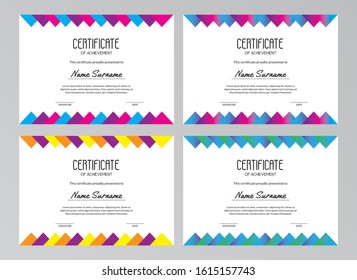 Geometry certificate template with multicolored triangles and sample text. Usable for educational courses, contests, tests, training. Vector illustration. A4 standard scaled size