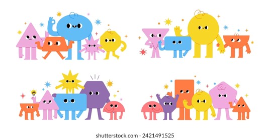 Geometry characters. Comic funny basic geometric figures group for banner and poster. Different emotion, kids compositions for child studying. Vector cute shapes. Math lesson for children