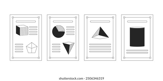Geometry class materials black and white 2D line objects set. School education. Geometric shape papers isolated vector outline items collection. Maths mathematics monochromatic flat spot illustrations