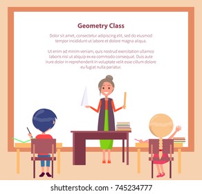 Geometry class web banner with place for text and teacher standing with pointer near blackboard and children sitting at desks vector illustration