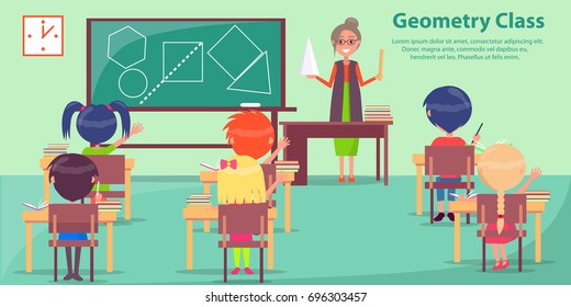 Geometry class with woman teaching small very active students. Vector illustration in graphic design of studying process at school