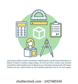 Geometry classes, lessons article page vector template. Mathematics. Brochure, magazine, booklet design element with linear icons and text boxes. Print design. Concept illustrations with text space 