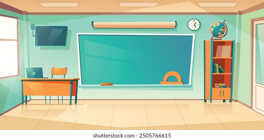 Geometry classroom interior, school class room with teacher table, student desks, blackboard with geometrical tasks and rulers, cupboard with textbooks, studying posters, Cartoon vector illustration