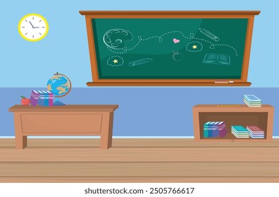 Geometry classroom interior, school class room with teacher table, student desks, blackboard with geometrical tasks and rulers, cupboard with textbooks, studying posters, Cartoon vector illustration