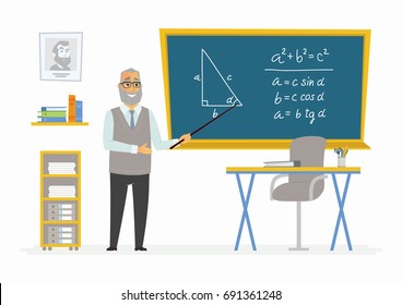 Geometry Classroom - modern vector character illustration of senior male school teacher of mathematics at the blackboard with formula, educational drawing, baton. Pythagoras rule, theorem explanation