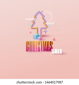 Geometry colorful Christmas background with copy-space for your product. Empty space for advertising. Modern abstract cover, Postcard. Paper cut style