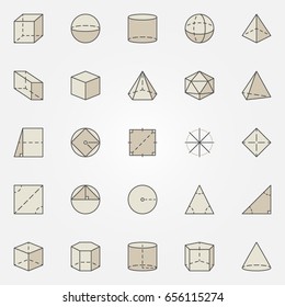 Geometry colorful icons. Vector set of creative geometric shapes signs. Cylinder, cube, pyramid, sphere brown concept symbols or design elements