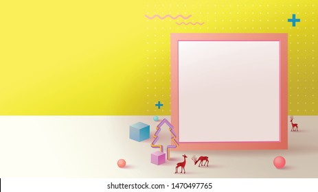 Geometry colorful pastel fantasy Christmas background with copy-space for your product. Empty space for advertising. Modern abstract 3D cover, Postcard. Minimal style. Vector illustration.