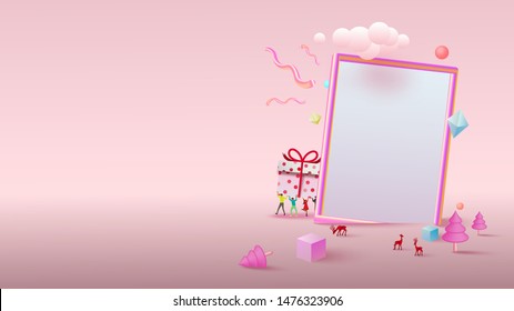 Geometry colorful pastel fantasy Christmas background with copy-space for your product. Empty space for advertising. Modern abstract cover, Postcard. Paper cut style