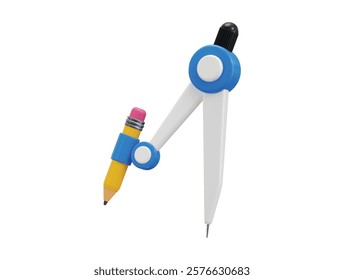 Geometry compass icon with pencil 3d render concept of mathematics measure or architectural equipment icon