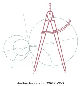 Geometry Compass, Measurement Dividers With a Geometric Pattern of Circles of Different Diameter, Radius. Vector, Illustration