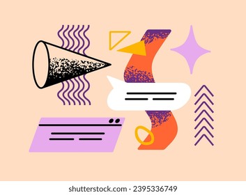 Composition de la géométrie. Forme géométrique, cône, triangle. Éléments d'interface abstraits. Speech bubble in messenger, note in chat, commentaire. Concept de communication en ligne. Illustration vectorielle isolée à plat