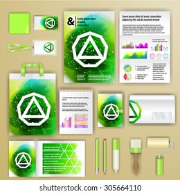 Geometry corporate identity template design with watercolor splash. Cover layout and infographics. Business stationery.