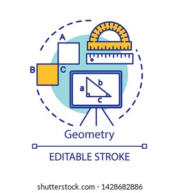 Geometry course concept icon. Geometrical shapes, triangle on whiteboard, mathematical problem idea thin line illustration. School subjects. Vector isolated outline drawing. Editable stroke