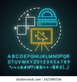 Geometry course neon light concept icon. Geometrical shapes, triangle on whiteboard, mathematical problem idea. Glowing sign with alphabet, numbers and symbols. Vector isolated illustration