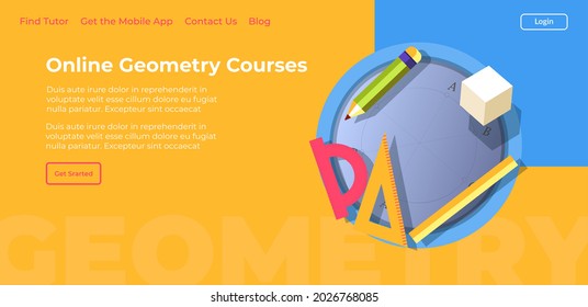 Geometry courses and private lessons, classes and online education in internet. Obtaining knowledge and additional skills in mathematics. Website or webpage template, landing page flat vector