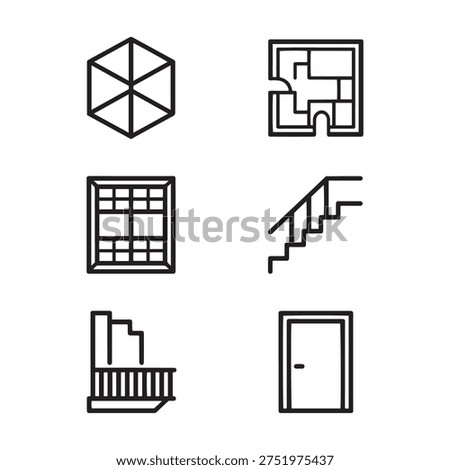 geometry cube floor plan window stairs balcony door line icon set