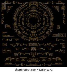 Geometry decoration elements.Retro hipster gold outline,mono line shapes.Border dividers,circle frame wreath,corners.Vintage.For invitations,certificate,cards,menu.Art Deco style.Vector illustration.