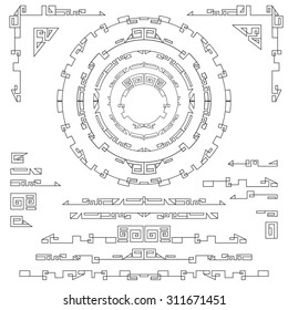 Geometry decoration elements.Retro hipster outline,mono line shapes.Border dividers,circle frame wreath,corners.Vintage set  for invitations,certificate,cards,menu.Art Deco style.Vector illustration.