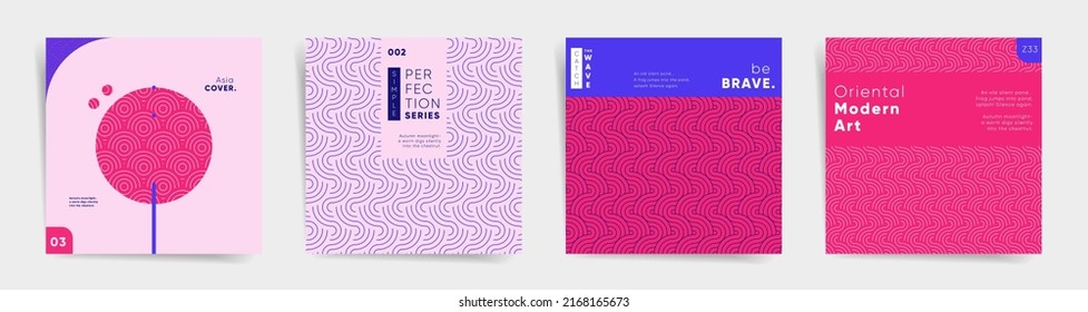 Geometry Design Square Cover For Book Or Catalog Template Set. Geometric Oriental Asian Album Cover, Poster Or Presentation Background. Business Identity Or Promotion In Minimal Japanese Style.