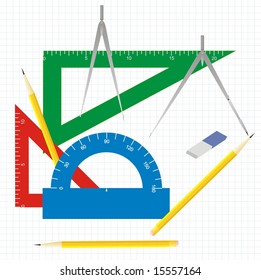 Geometry drawing instruments on squared paper