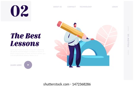 Geometry or Drawing Lesson Website Landing Page. Teacher Holding Huge Ruler and Pencil Prepare for Conducting Class. Back to School Concept for Web Page Banner. Cartoon Flat Vector Illustration