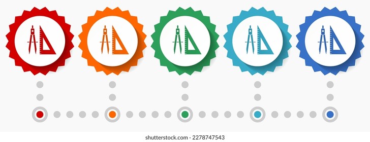 Geometry, education vector icon set, colorful infographic template, set of flat design badge icons in 5 color options
