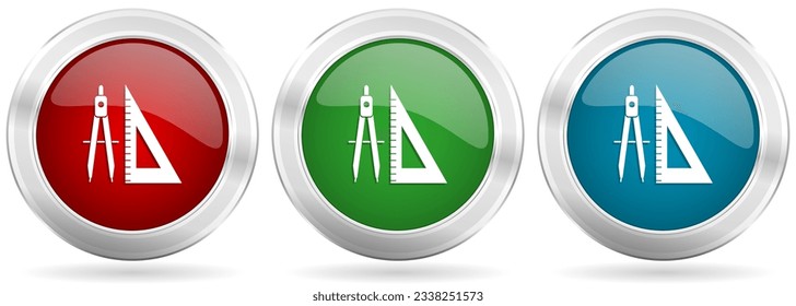 Geometry, education vector icon set. Red, blue and green silver metallic web buttons with chrome border