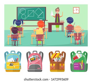 Geometry educational lesson in primary school. Teacher explaining material for pupils. Under picture placed backpacks with stationery vector illustration. Back to school concept. Flat cartoon