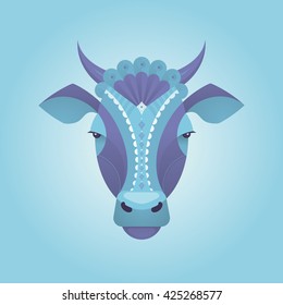 Geometry ethnic illustration of India cow in vector. Violet kine isolated on blue. 