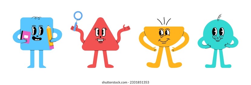 Geometry figure school concept. Trendy character. Different shapes for schhol presentation. Funny face and form