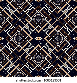 Geometry of Forgotten Gods. Seamless pattern with stars, magic eyes, and golden lattice in esoteric style. Alchemy, space, spirituality, mysticism.