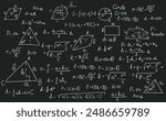 Geometry formulas, science and education background. Chalkboard inscribed with scientific formulas and calculations in physics and mathematics. Retro vector illustration