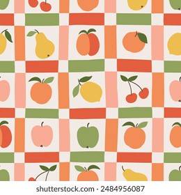 Geometry and fruit seamless pattern design. Checkered bright design for  tablecloth and other kitchen things. Vector simple and stylish seamless print design