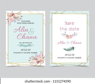 Geometry gold wedding invitation card with flower,rose,leaf,ribbon,wreath and frame