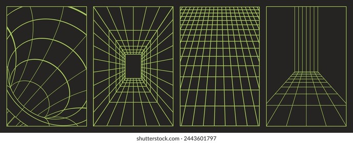 Fondo de malla verde de la geometría en color verde. Carteles abstractos 3D, patrones, elementos cyberpunk en un estilo rave psicodélico de moda. Estética retro-futurista de los años 2000.