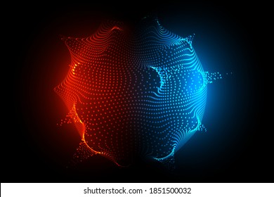 Geometría grilla 3d esfera con puntos de luz, átomo orb, tabla científica de partículas o plantilla de bola de realidad virtual. Concepto tecnológico abstracto esferas ilustración vectorial.
