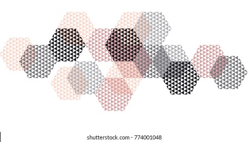 Encabezado de geometría en ilustración vectorial de color pastel. Concepto triángulo y modelo hexagonal para el diseño de superficie. Patrón abstracto en negro, rosa pastel y gris sobre fondo blanco.  composición plana