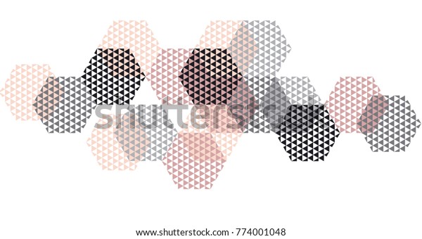 パステルの色のベクター画像イラストのジオメトリヘッダー サーフェス設計用の三角形と六角形のパターンのコンセプト 白い背景に黒い パステルピンクとグレーの抽象的パターン 扁平組成 のベクター画像素材 ロイヤリティフリー