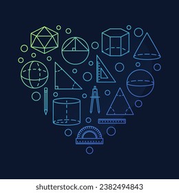 Geometry Heart colored vertical banner. I Love Geometry Science concept heart-shaped illustration in outline style with dark background