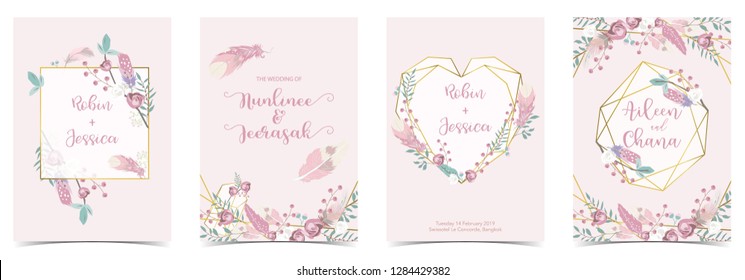 Geometry Heart Pink Green,gold Wedding Invitation Card With Rose,leaf,ribbon,wreath,feather And Frame