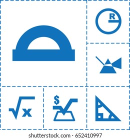 Geometry icon. set of 6 geometry filled icons such as mathematical square, protractor, square root, triangle, circle