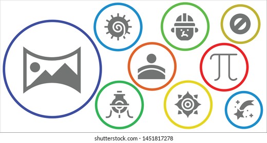 geometry icon set. 9 filled geometry icons.  Collection Of - panorama 360 , Chakra, Architect, Alchemy, Convex, Pi, Protractor, Shooting star