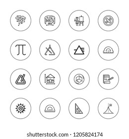 Geometry icon set. collection of 16 outline geometry icons with art, astral, chakra, mathematics, maths, panorama, perspective, pi, prism, protractor, sea cucumber icons.
