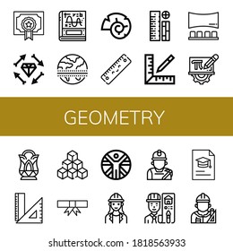 geometry icon set. Collection of Degree, Boho, Calculus, Equator, Nautilus, Ruler, Rulers, Panorama, Mathematics, Crystal, Cubes, Vitruvian man, Architect, Miner icons