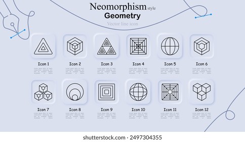 Conjunto de iconos de geometría en estilo neomorfismo. Triángulo, cubos anidados, cuadrícula, esfera, cuadrados anidados, Formas, matemáticas, patrones, abstracto, Vector, arte lineal, símbolos, Elementos de diseño, ilustración